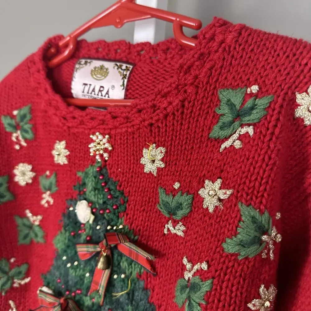 Vintage Tiara International Red Christmas Tree Sweater Girls Size 6X Embellished